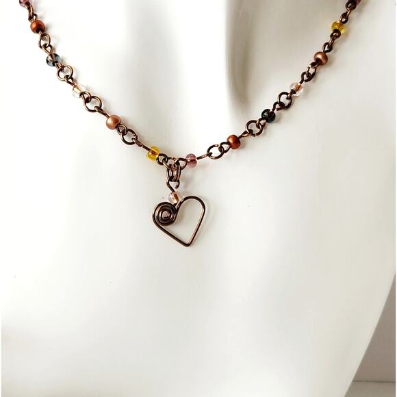 Antique Brass Wire Heart Pendant Beaded Chain Link Necklace - Picture 2 of 10